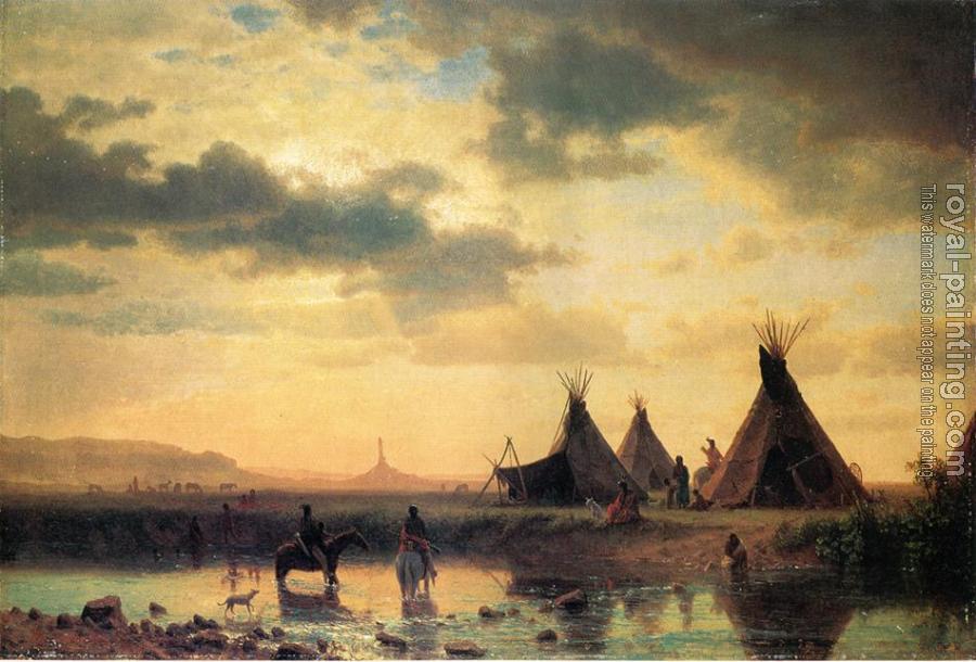 Albert Bierstadt : View of Chimney Rock Ogalillalh Sioux Village in Foreground